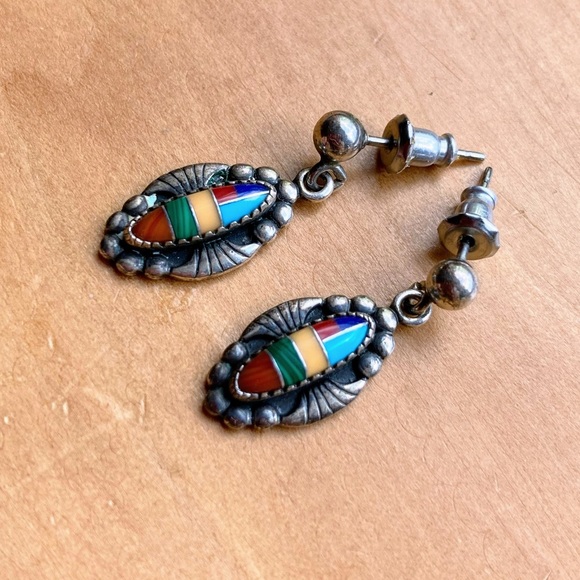 Vintage WM Wheeler Native American Navojo Sterling Silver Inlay Earring - Picture 11 of 13